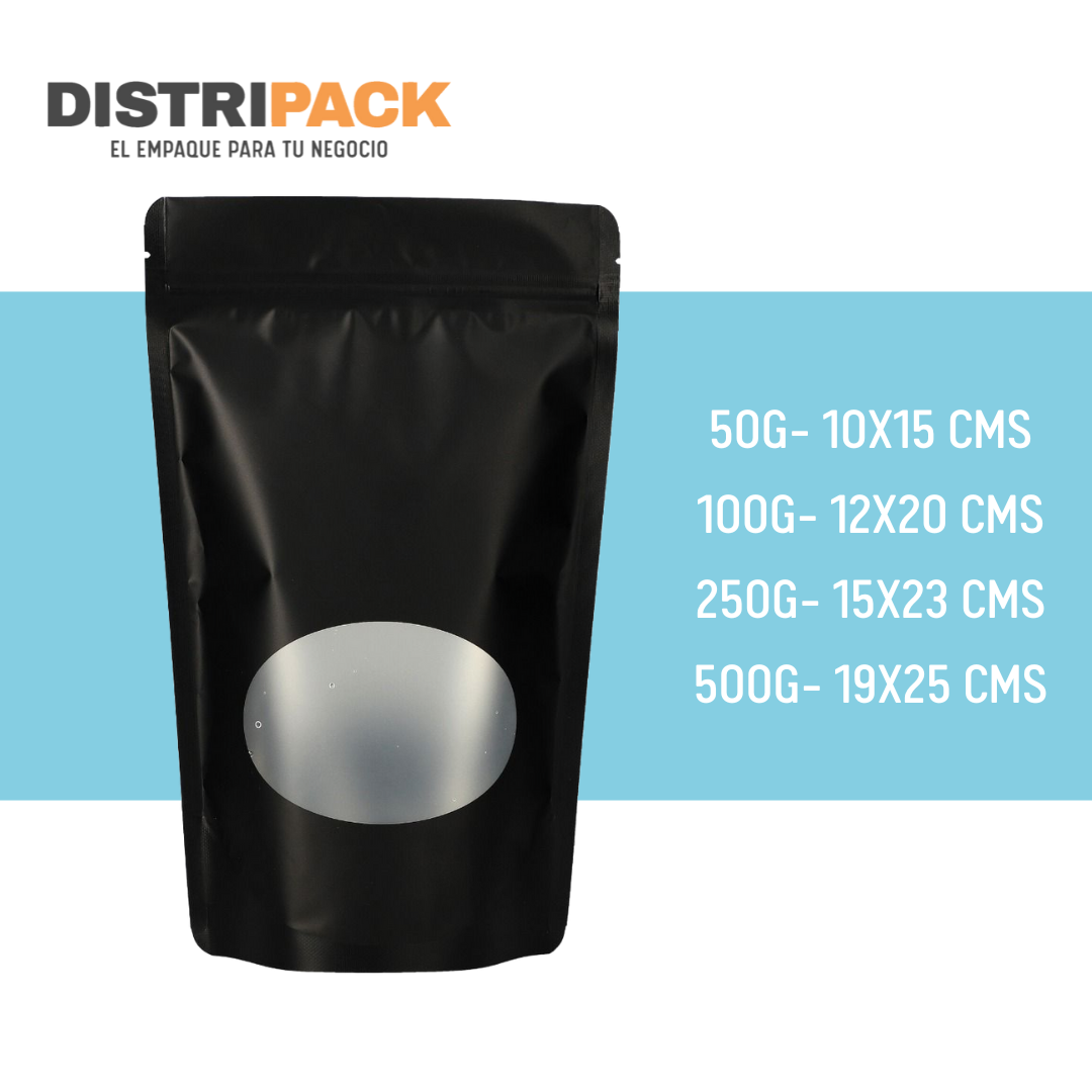 BOLSA STANDUP NEGRA CON VENTANA CIRCULAR