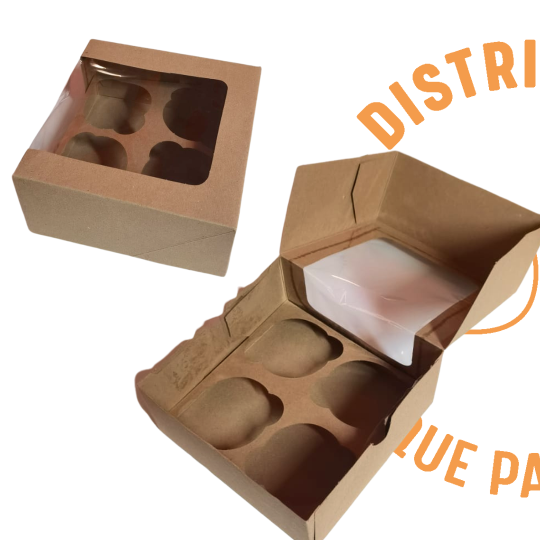 CAJA CUPCAKE 4 PZ KRAFT Autoarmable 16X16X8 CMS