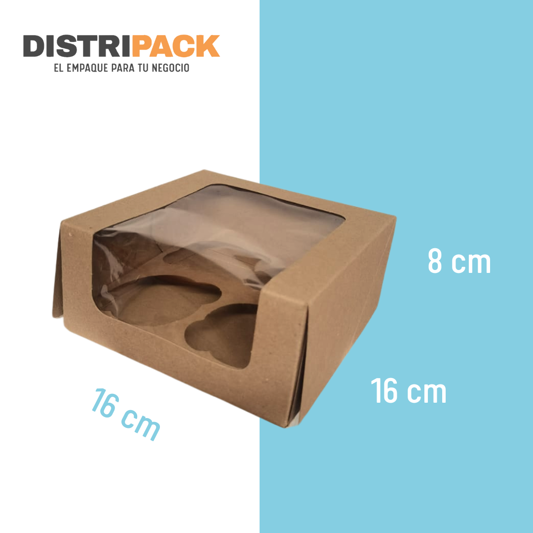 CAJA CUPCAKE 4 PZ KRAFT Autoarmable 16X16X8 CMS