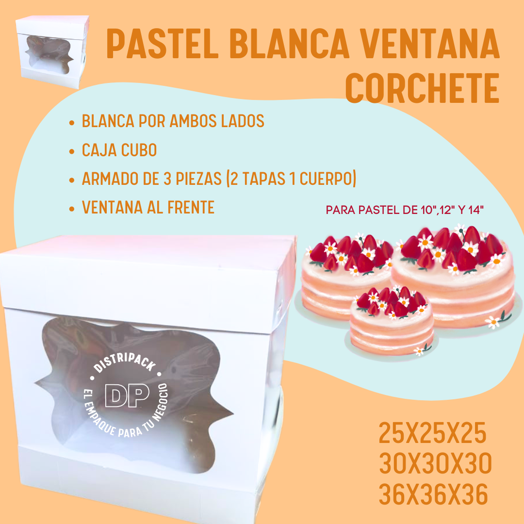 CAJA PARA PASTEL VENTANA CORCHETE 12" 30X30X30 CMS