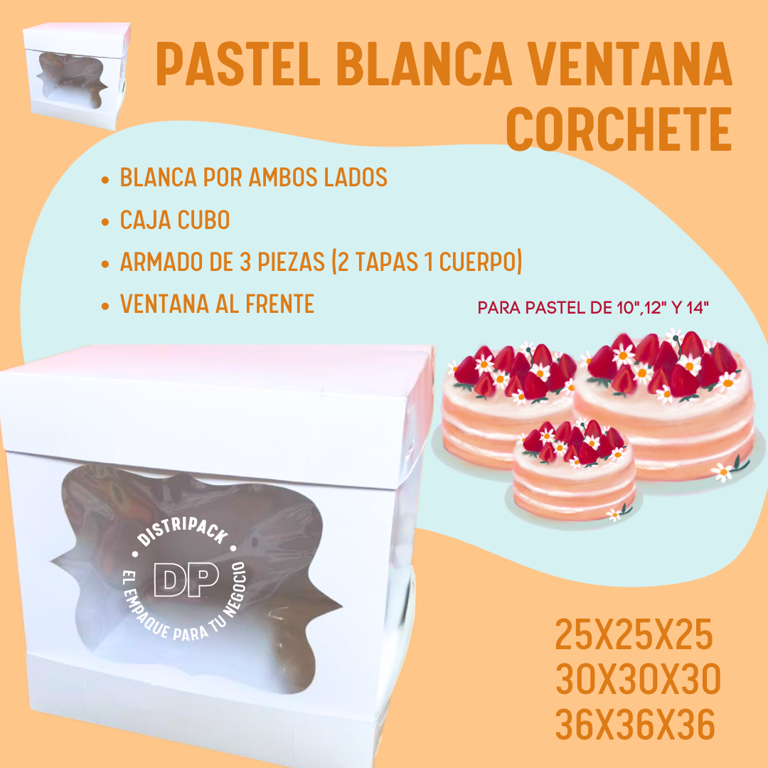 CAJA PARA PASTEL VENTANA CORCHETE 10" 25X25X25 CMS